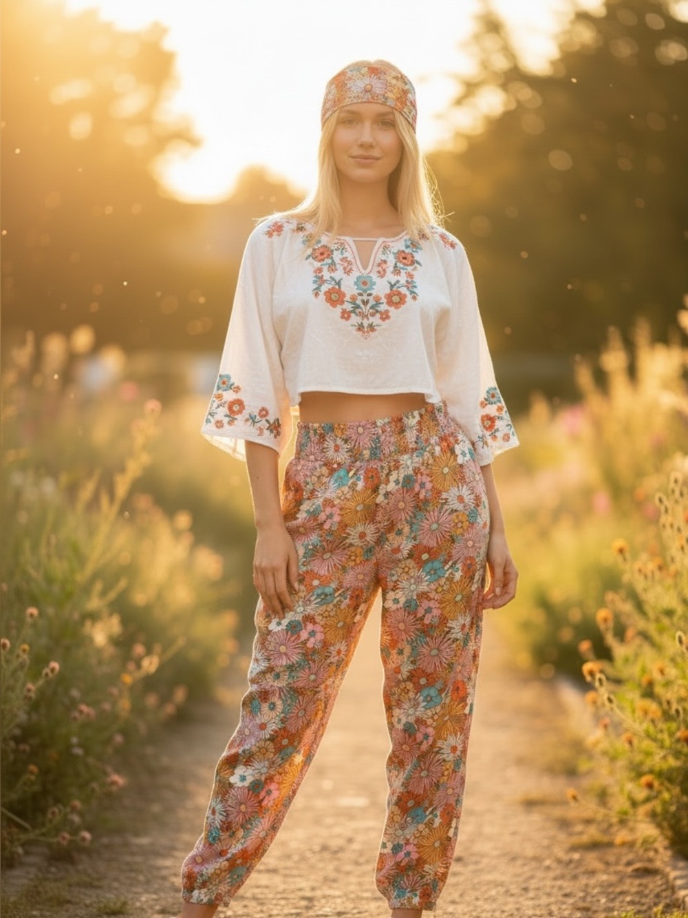 Floral- hippie- High-Rise Harlem  Pants - Orange Multi